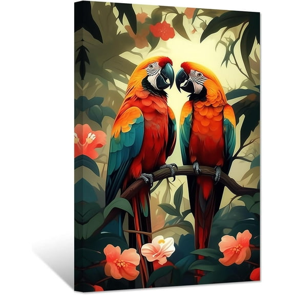 ZHONGYUTONG Parrot Couple Canvas Wall Art Tropical Macaw Birds on Branch Picture Prints Colorful Animal Romantic Painting for Bedroom Room Decor Framed (12.00" x 18.00")