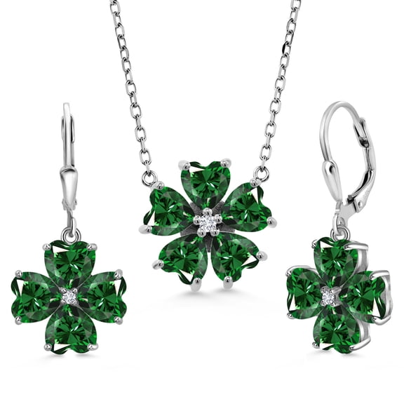 Gem Stone King 925 Sterling Silver Green Nano Emerald and White Lab Grown Diamond Pendant Necklace Earrings Jewelry Set for Women (9.15 Cttw, Heart Shape 6MM, with 18 inch Chain)