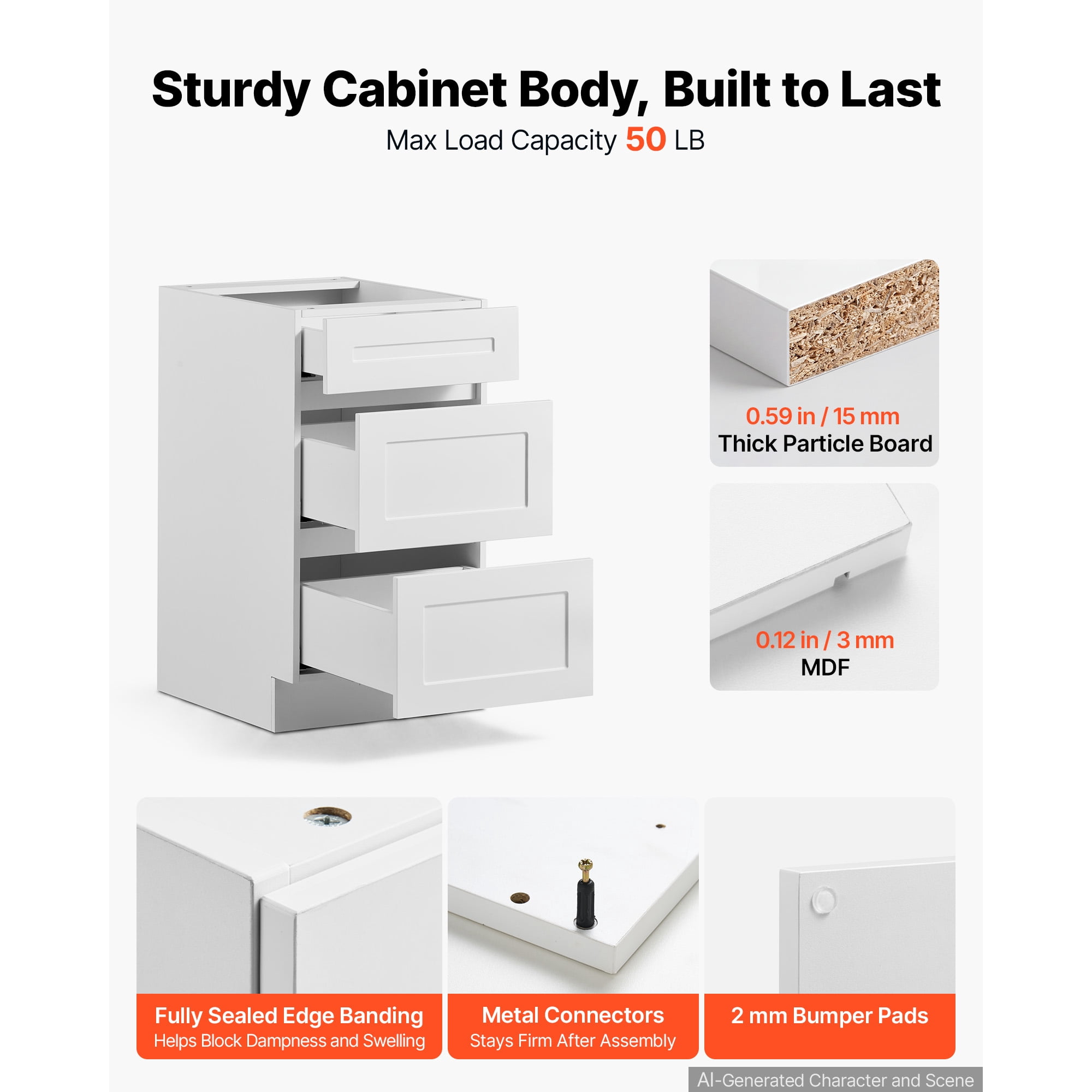 KFFKFF White Shaker Base Cabinet, 18"W, Ready to Assemble, 18" W x 24" D x 34.5" H, Featuring 3 Drawers, Soft-Close Mechanism, Durable Edge Banding, Suitable for Home, Office, or Laundry Spaces