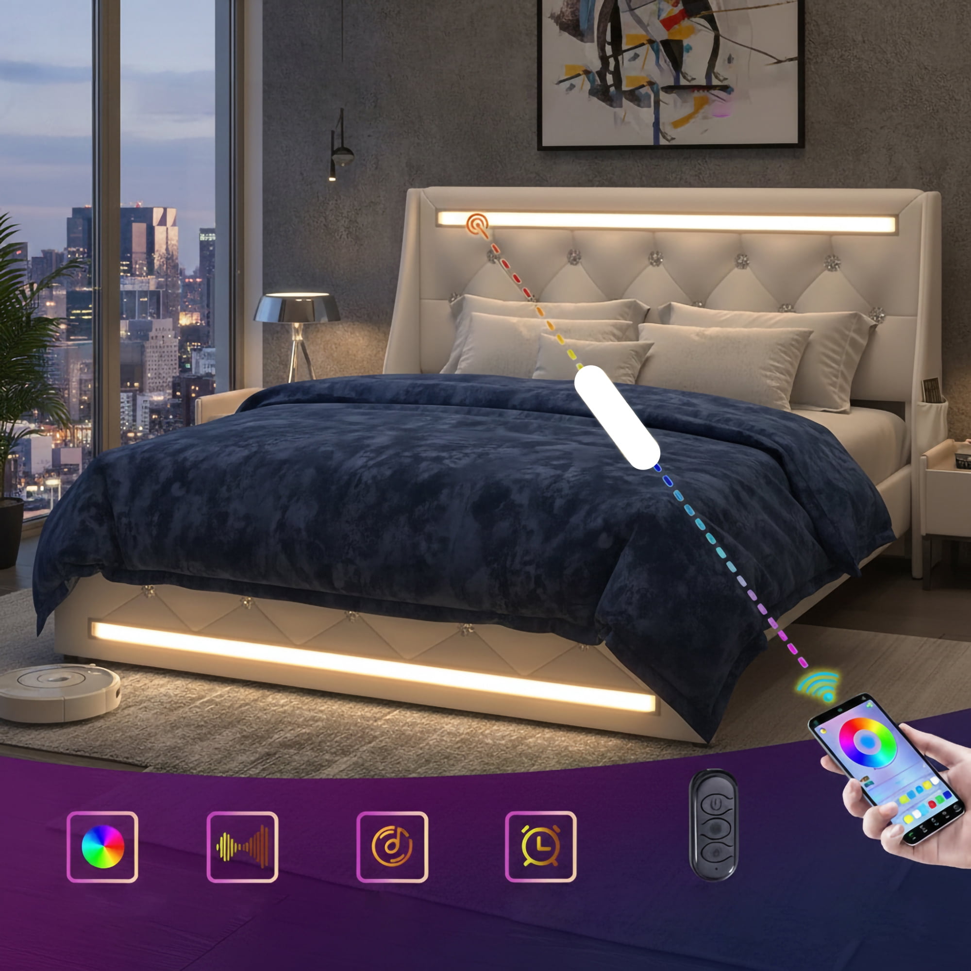 Gewnee Queen Size Faux Leather Platform Bed Frame, Diamond Tufted Wingback Headboard, LED Lights, 4‑in‑1 Charging Station, Side Pockets, Noise‑Free, No Box Spring Needed, White