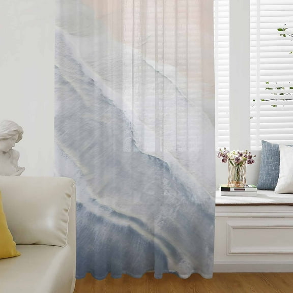 Navy Blue Coastal Wave Semi Sheer Curtains Drapes for Living Room, Bedroom, French Doors Window 84 Inches Long, Summer Modern Ocean Beach Rod Pocket Chiffon Curtain Drapery Voile Draperies Panel
