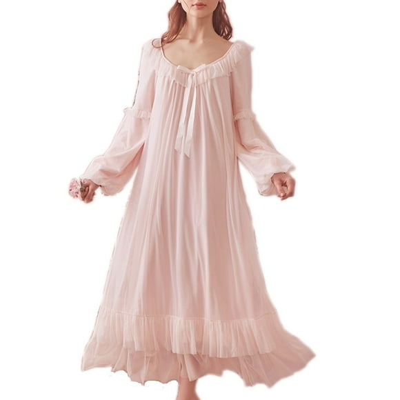 SINGINGQWEEN Women's Vintage Victorian Nightgown Long Sleeve Sheer Sleepwear Pajamas Lace Nightwear Lounge Dress (Large, Pink)