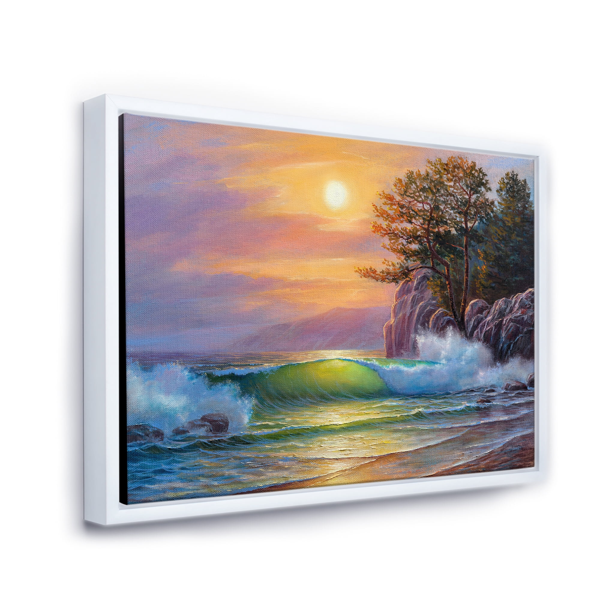 Designart 'Sunrise On Sea Waves By The Pine Trees' Nautical & Coastal Framed Canvas Wall Art Print