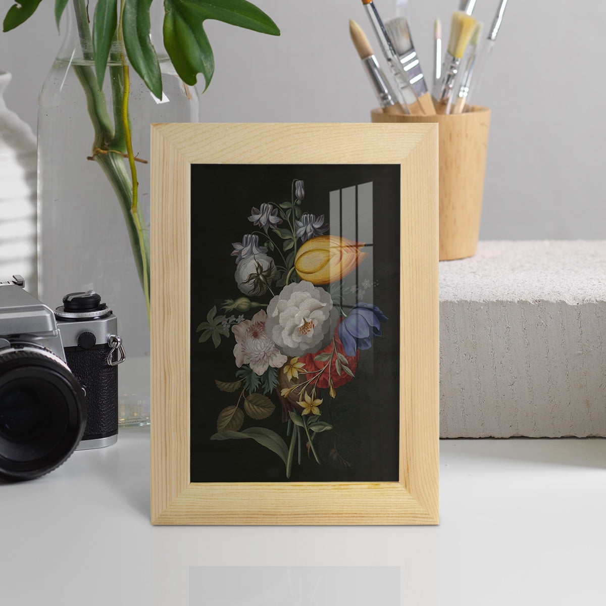 Dramatic Bouquet III -Framed Print w/glass-Natural Wood