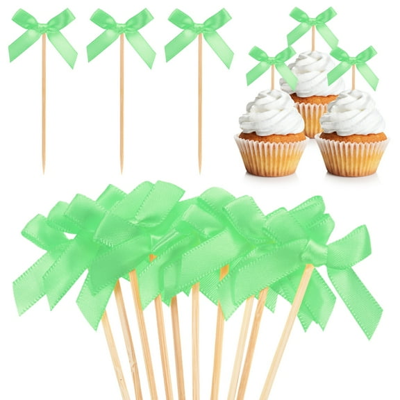 Uxcell 60-Pack Bow Cupcake Toppers, Ribbon Bow Cake Toppers Bowknot Cupcake Picks Birthday Cake Decor for Bridal Shower [Fruit Green]