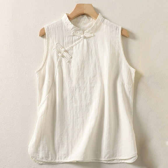 Fartey Vintage Cotton Linen Tank Tops for Women Elegant Chinese Frog Button Collar Tanks Loose Casual Sleeveless Shirts Lightweight Breathable Summer Undershirts White XXL