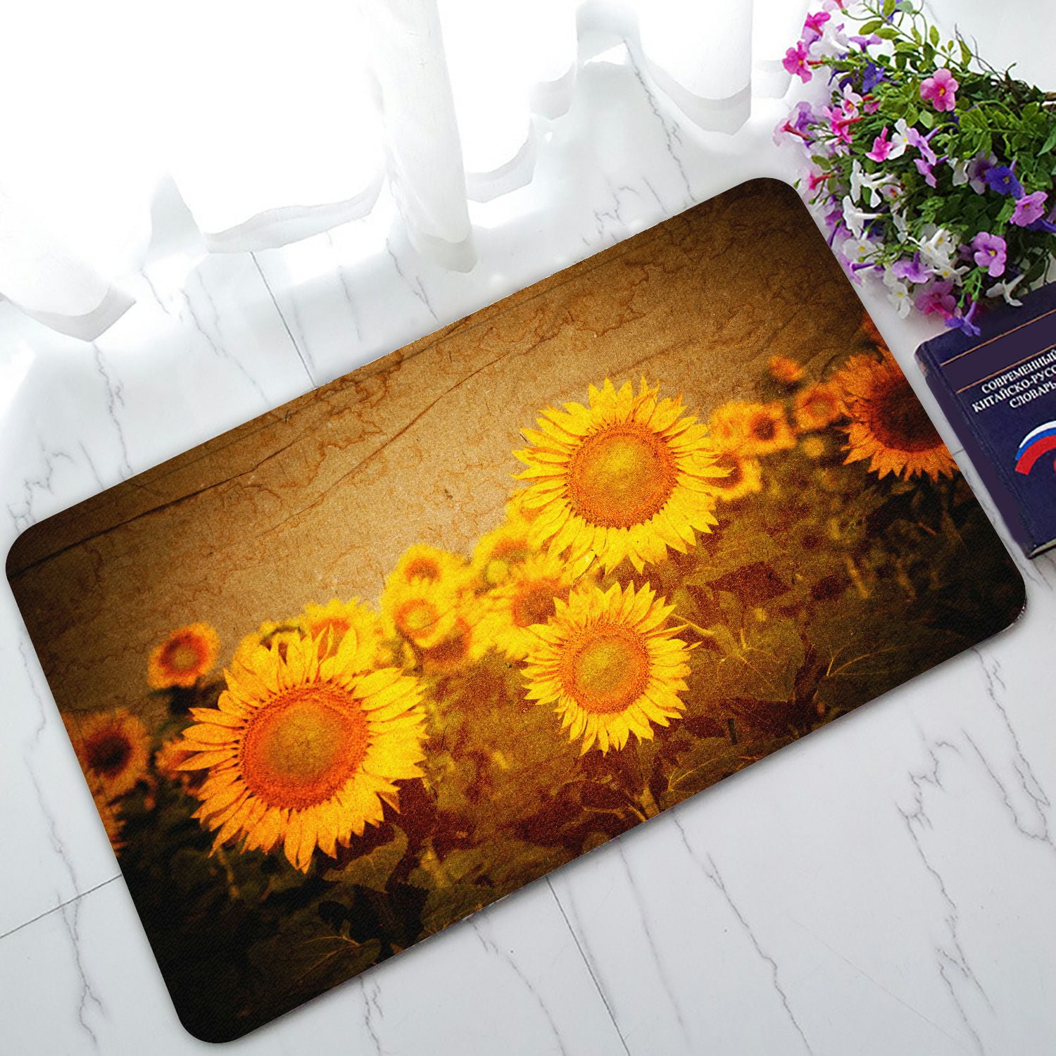 PHFZK Vintage Style Doormat, Sunflowers Flower Floral Art Yellow