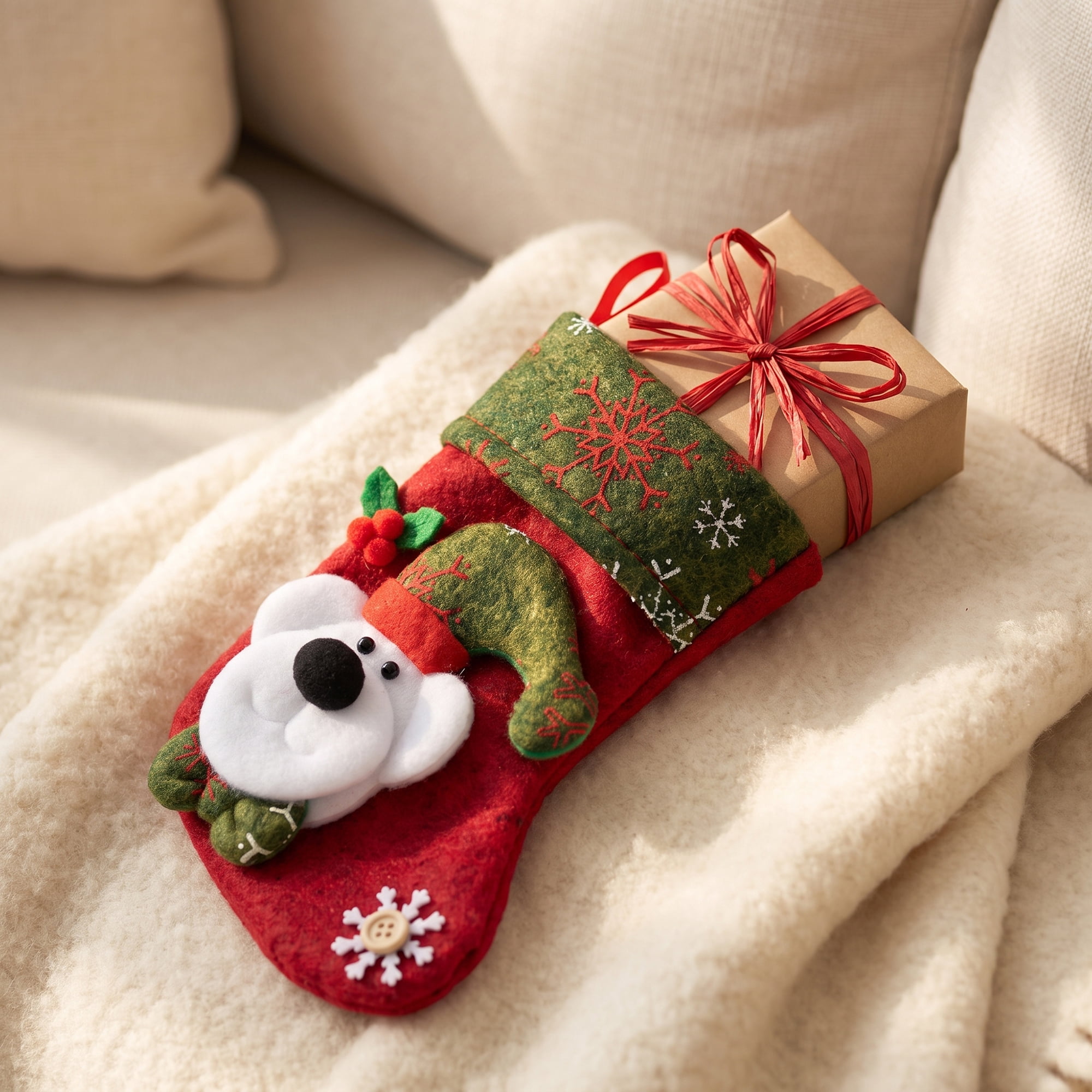 Unique Bargains Braided Knit Christmas Stocking Double Layer Hygge Sock Green Bear 6"
