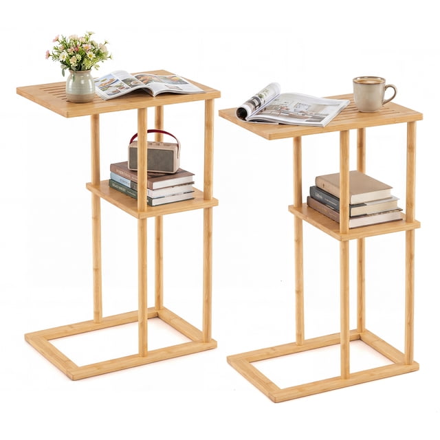 Gymax Ensemble de 2 Tables d'Appoint avec Étagères de Rangement et Construction en Bambou pour Salon
