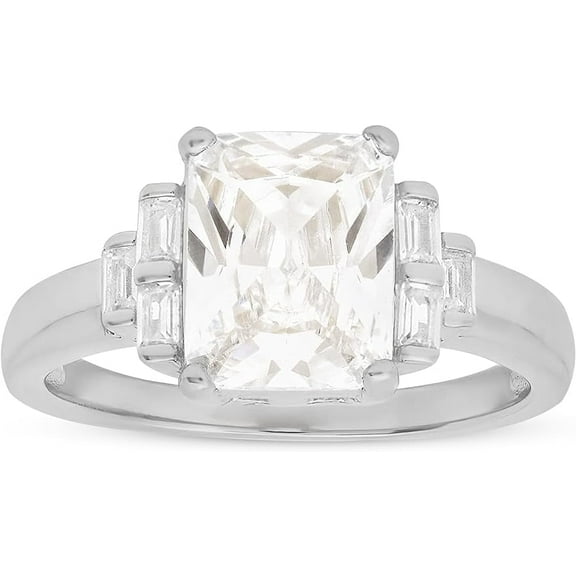 925 Sterling Silver Emerald-cut Diamond CZ Ring