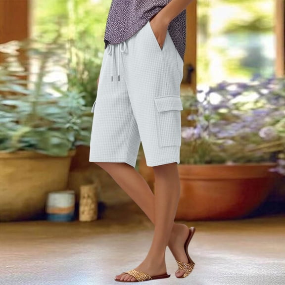 Pounoo Bermuda Shorts for Women Drawstring Elastic Waist Cargo Pocket Detail Loose Fit Bottoms Summer Casual Durable Slacks