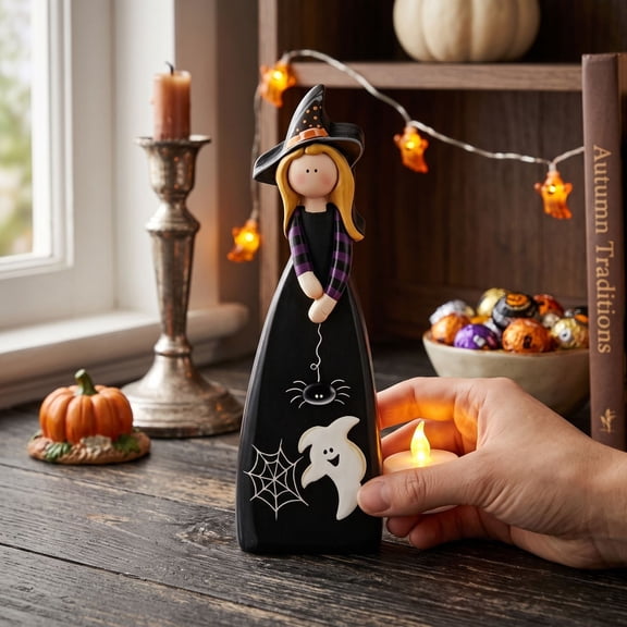 DefiDgd Cute Witch Resin Figurine,Painted Statue With Pumpkin Broom Adorned,Tabletop Witch Ornament for Halloween Mantel Shelf Living Room Indoor Holiday Party Home Decor(C)
