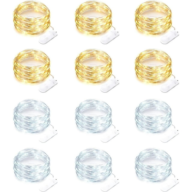 Paquete de 12 luces de cadena de hadas con pilas de 7 pies 20 LED impermeables de alambre plateado luces de luna estrellada de luciérnaga para dormitorio, fiesta de bricolaje, boda, patio, Navidad