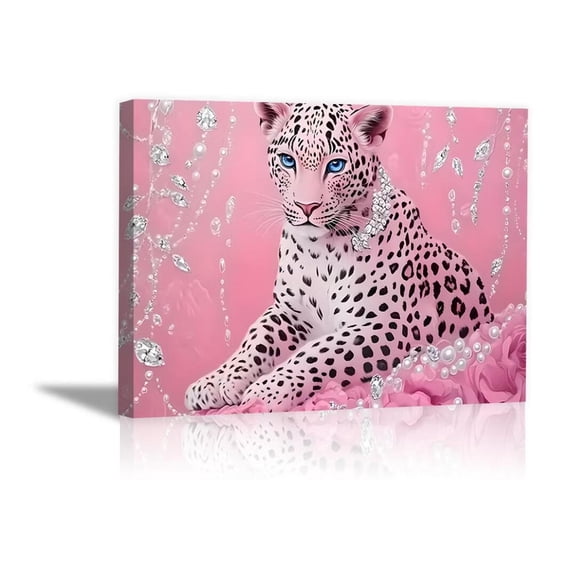 Mudket Pink White Leopard with Diamond Pearl Decor Canvas Wall Art, Cute Glam Princess Paintings for Bedroom Print for Girls Nursery Home Decor , Framed Ready to Hang - 12"L x 8"W