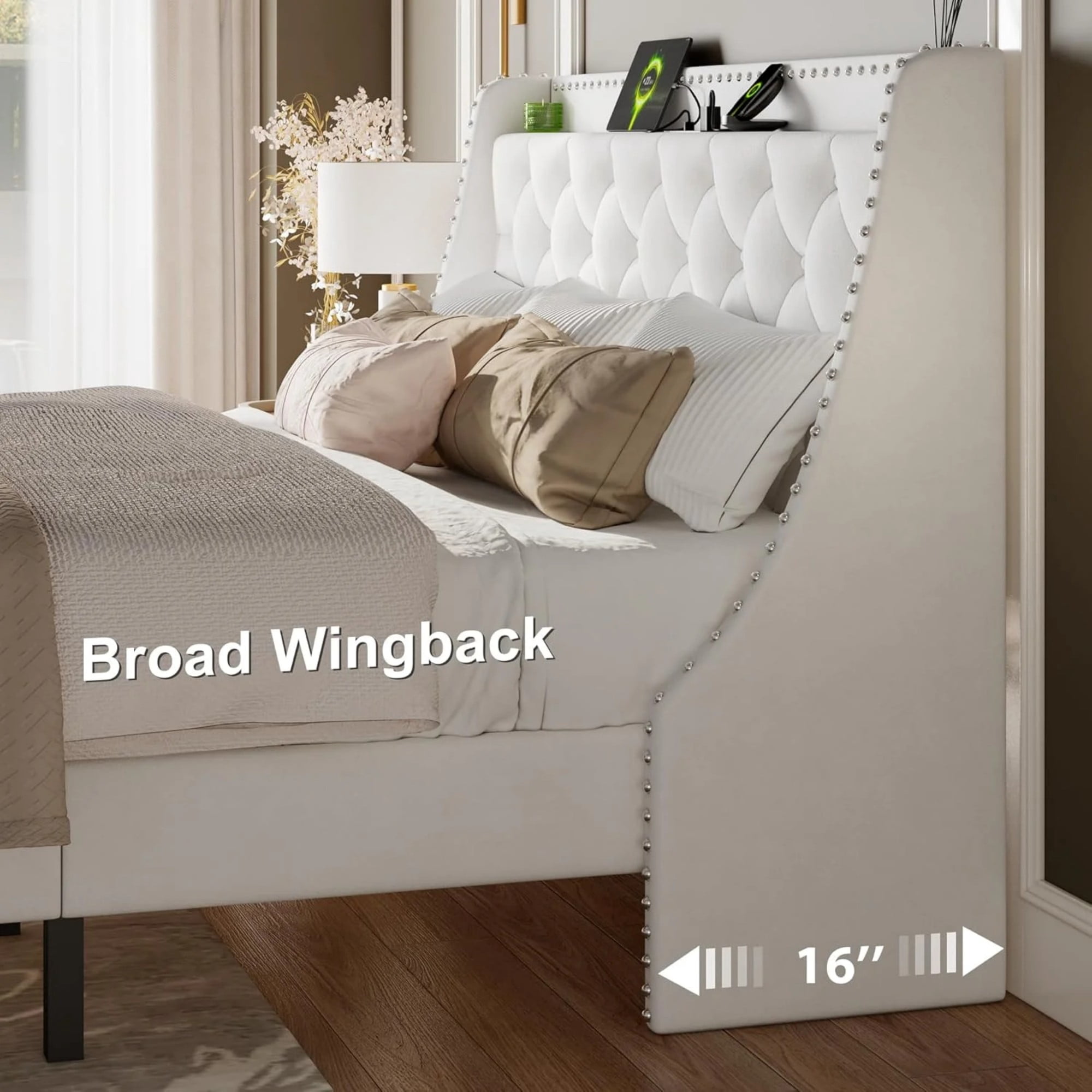 BSHTI King Size Platform Bed Frame with 16" Wingback Tufted Headboard, Charging Station (2 AC & 2 USB), 12 Wood Slats, White