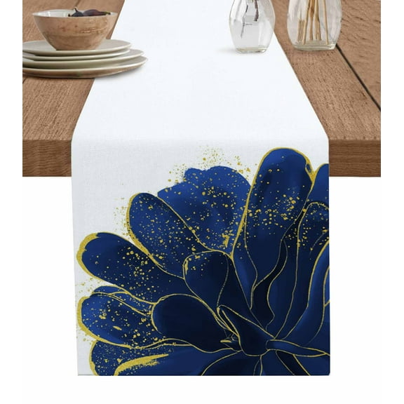 Blue Gold Flower Short Table Runners 48 Inches, Cotton Linen Fabric Table Runner Dresser Scarf, Abstract Farmhouse Modern Floral Tablerunner for Party/Kitchen/Dinner/Wedding Decor 13''x48''