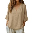 thumbnail image 2 of ClodeEU Women's Linen Blend V Neck Loose Fit Blouse with Shoulder Pleats ,Solid Color Loose Casual Top Khaki,Womens Plus L, 2 of 8