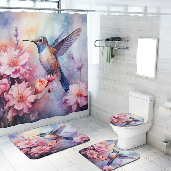 Watercolor Flower Hummingbird 4 Pcs Shower Curtain Set Spring Bird Floral Plant Nature with Toilet Lid Cover and Bath Mat, Waterproof Shower Curtain with 12 Hooks, 72x72 Inch