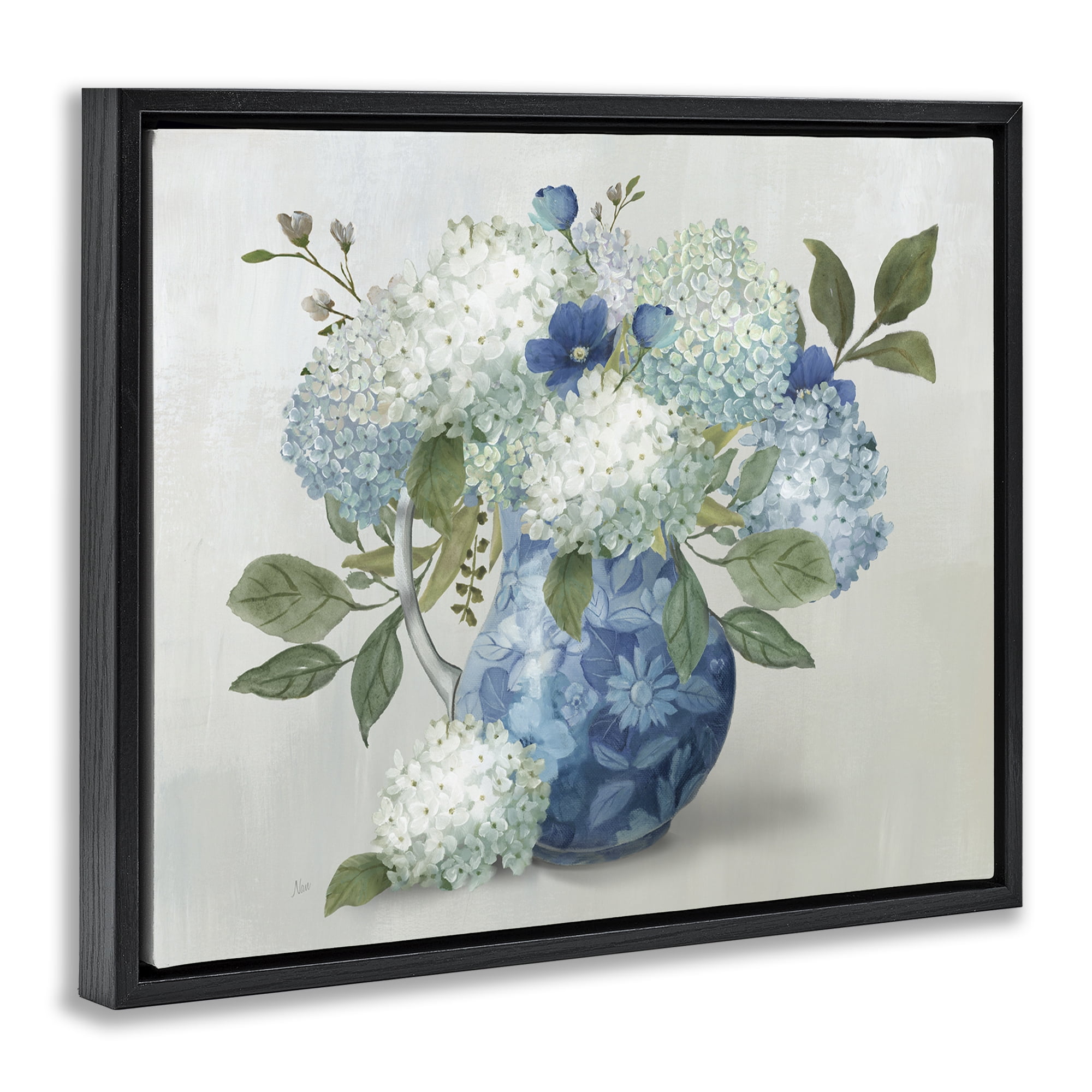 Stupell Industries Ornate Vase with Hydrangeas Black Framed Floater Canvas Wall Art, design by Nan