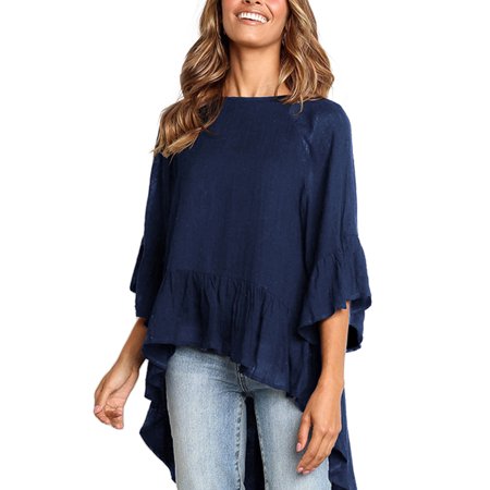 - Casual Tops for Women Ruffle 3/4 Sleeve Blouses High Low Asymmertrical Hem T-Shirt Loose Tunic Party Tops Shirt