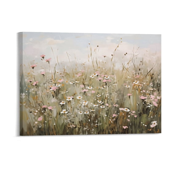 Potopok Framed Decorative Art With Frame, Vintage Farmhouse Wildflower Canvas Print, Neutral Pink Spring Landscape Wall Decor,16x12