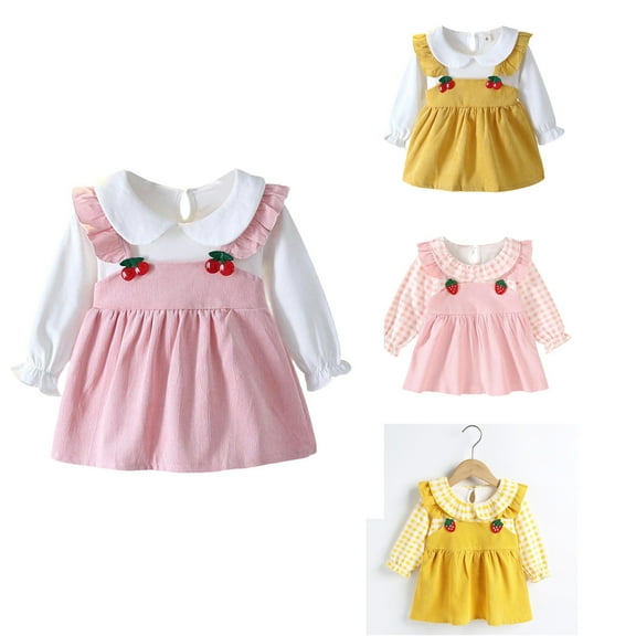 Antinious Girls Outer Frock Girls Frock Dress Long Sleeve Lapel Corduroy Plaid Suspender Patchwork Dress,Toddler Girls Outer Dress,Kids Party Dress,Pink,100