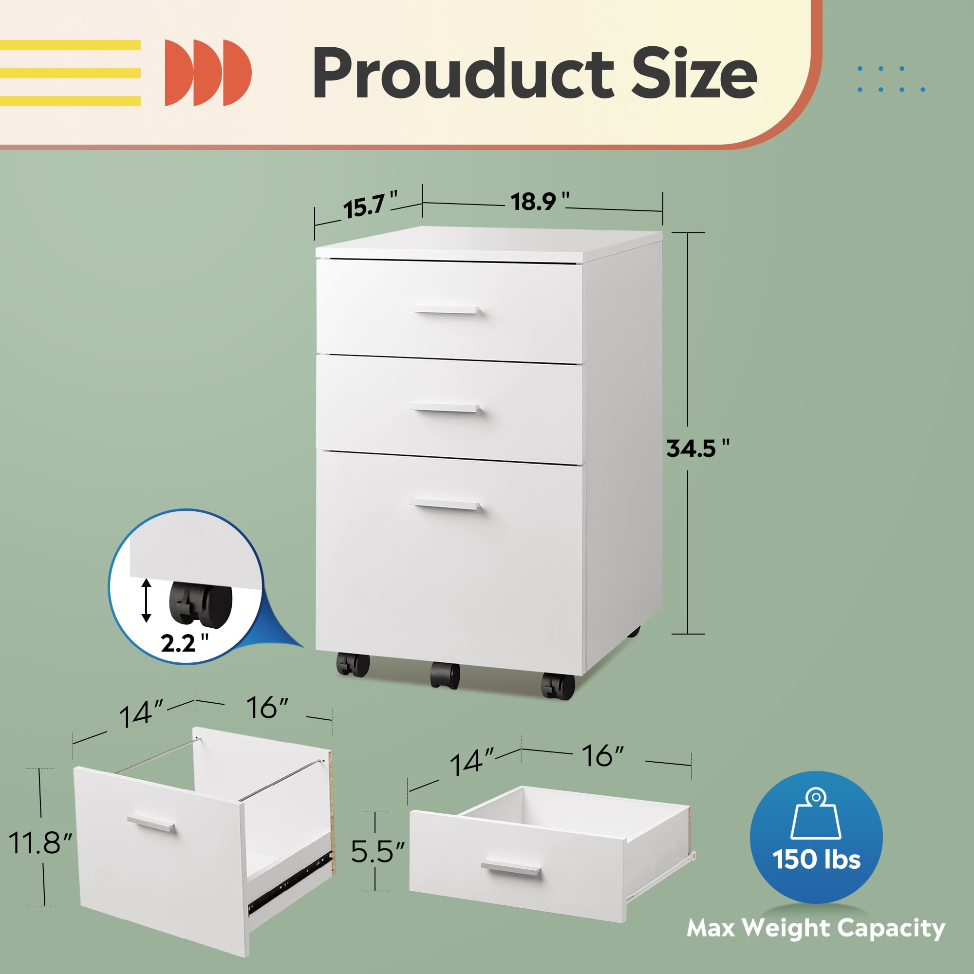 GALAXHERO 3-Drawer Wood Mobile Filing Cabinet, Rolling File Cabinet for Home Office, Fits Letter/A4 Size Files, White
