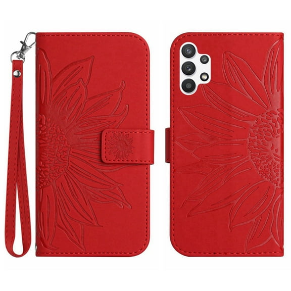 Mantto for Samsung Galaxy A13 4G [Not Fit for 5G] Wallet Case with Wrist Strap,Stylish Sunflower Embossed PU Leather Shockproof Protective Magnetic Clasp Flip Stand Card Slots Phone Cover,Red