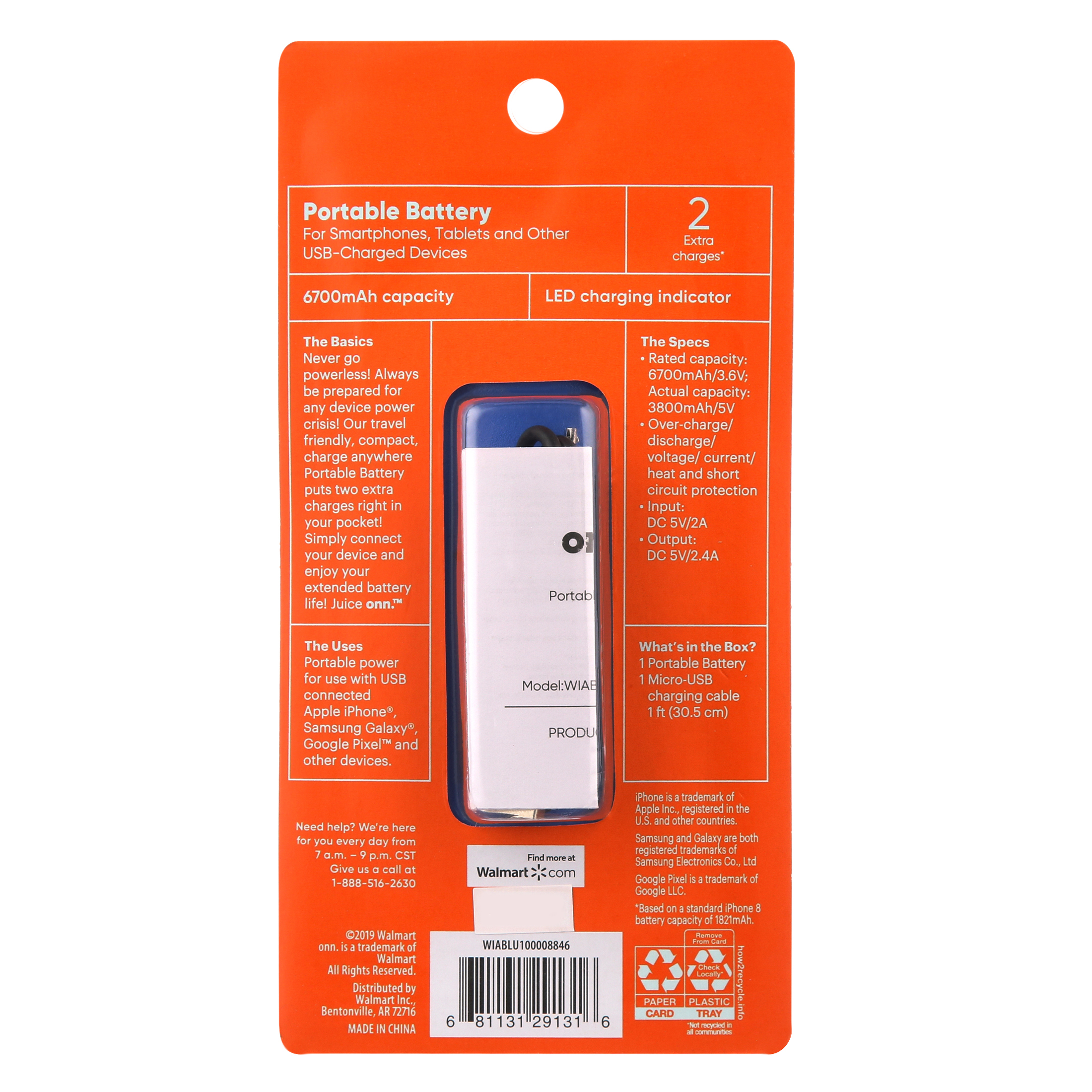 onn. Portable Battery, 2x Charge, 6700 mAh - Blue