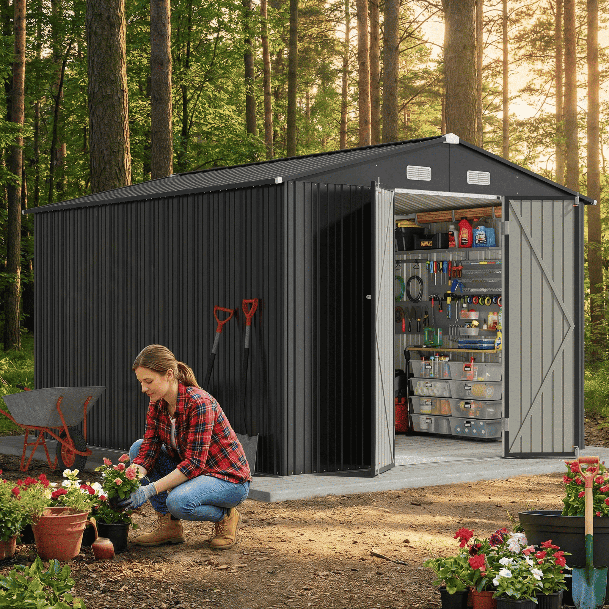 10'x10' ft Outdoor Storage Shed on Sale, Sheds & Outdoor Storage with Lockable Doors, Metal Garden Shed by Durable Galvanized Steel for Patio, Lawn, Grey