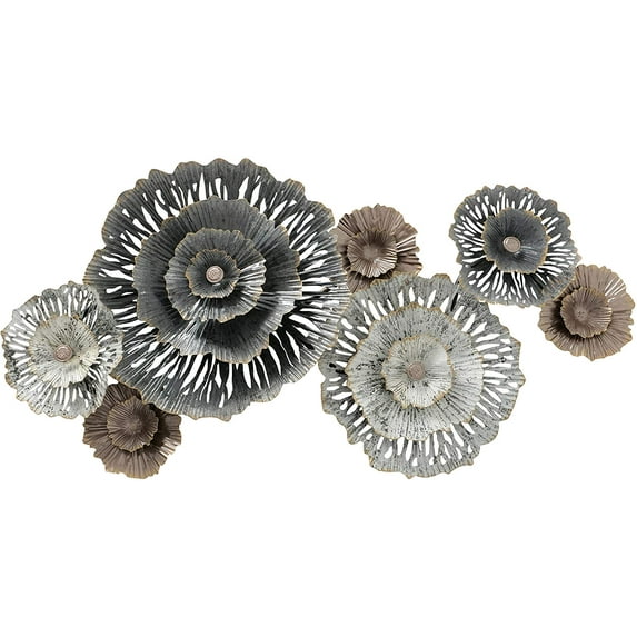 Modernist Floating Flowers Wall Decor Art, Gold, Coppery-Champagne, and Rustic Grey Roundels with White Patina, Crinkle Details, Hand Welded, Painted, Powder Finish, Iron, 36.25 x 21.75 Inches
