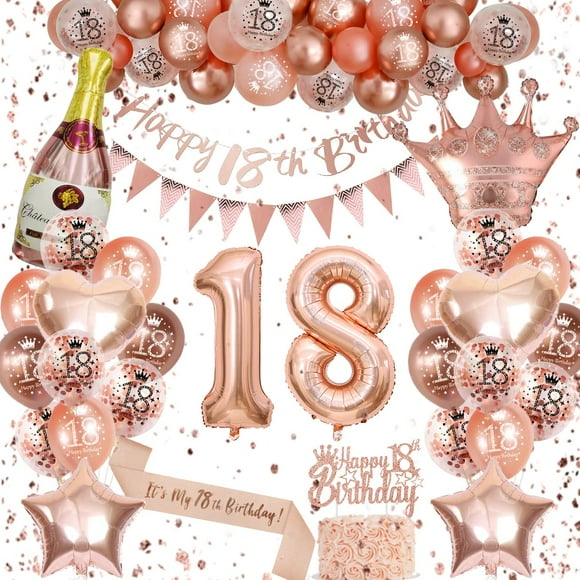 18th Birthday Decorations Girls: Rose Gold Party Pack with Balloons, Banners, Sash & Cake Topper