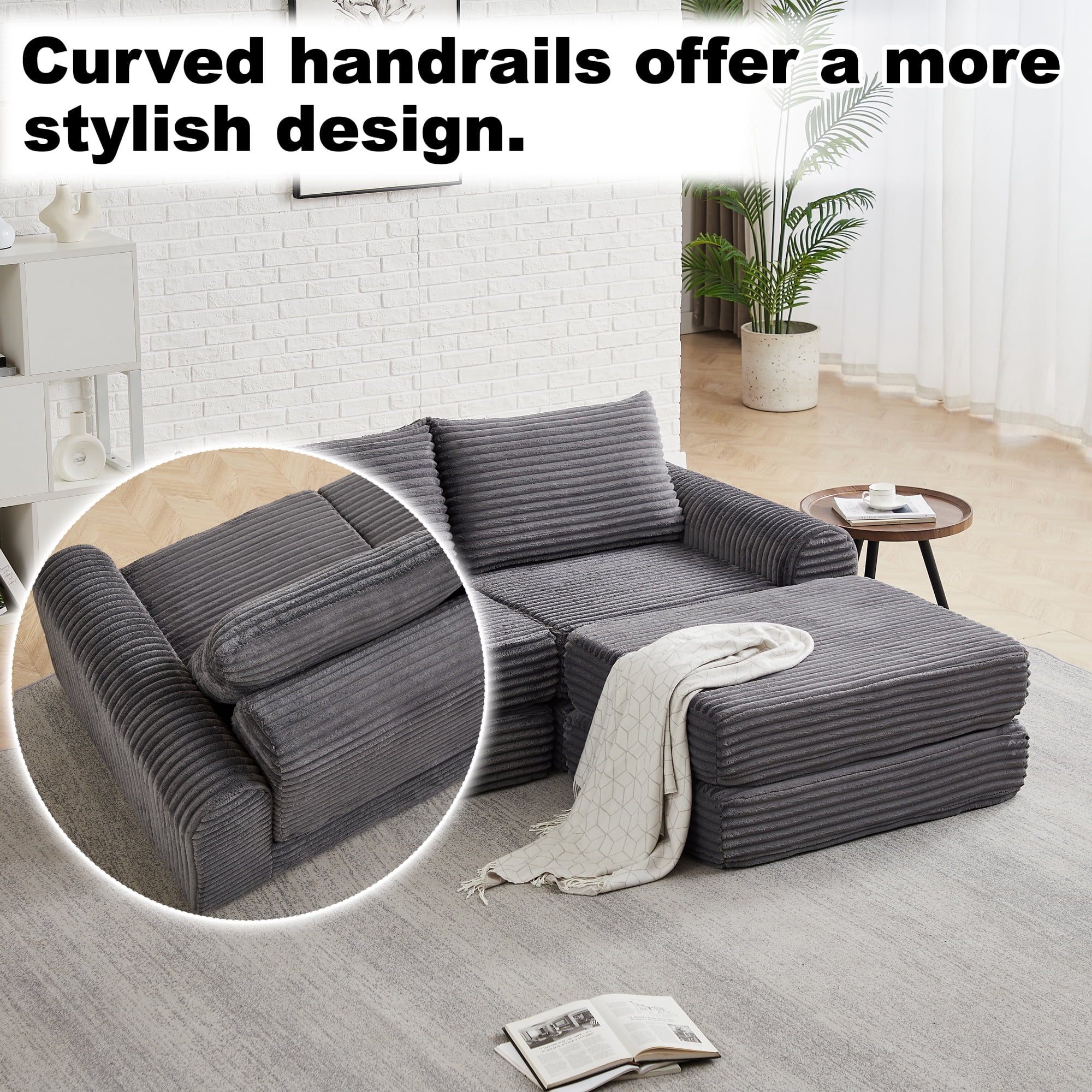 2-in-1 Corduroy Convertible Sleeper Sofa Bed with with Two Throw Pillows & Curved Lines for Living Room,Easy Assembly,Grey
