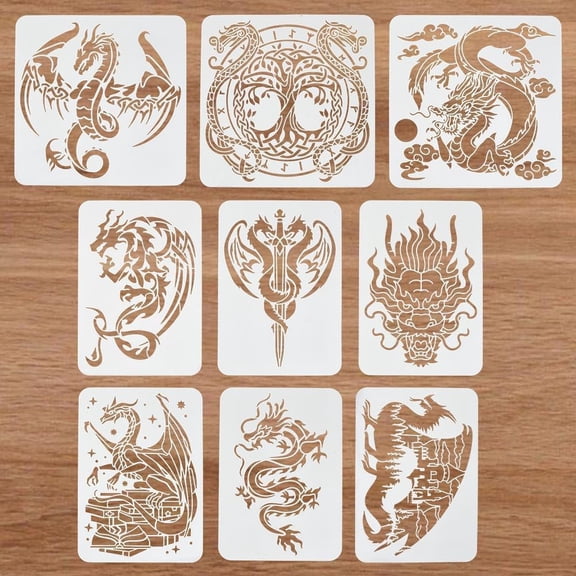9 Pcs Dragon Painting Stencil 9 Styles Chinese Asian Oriental Dragon Big Template 8.3x11.7" 11.8x11.8" Reusable Dinosaur Dragon King Pteranodon Dragon Head Wall Decor Stencil diy
