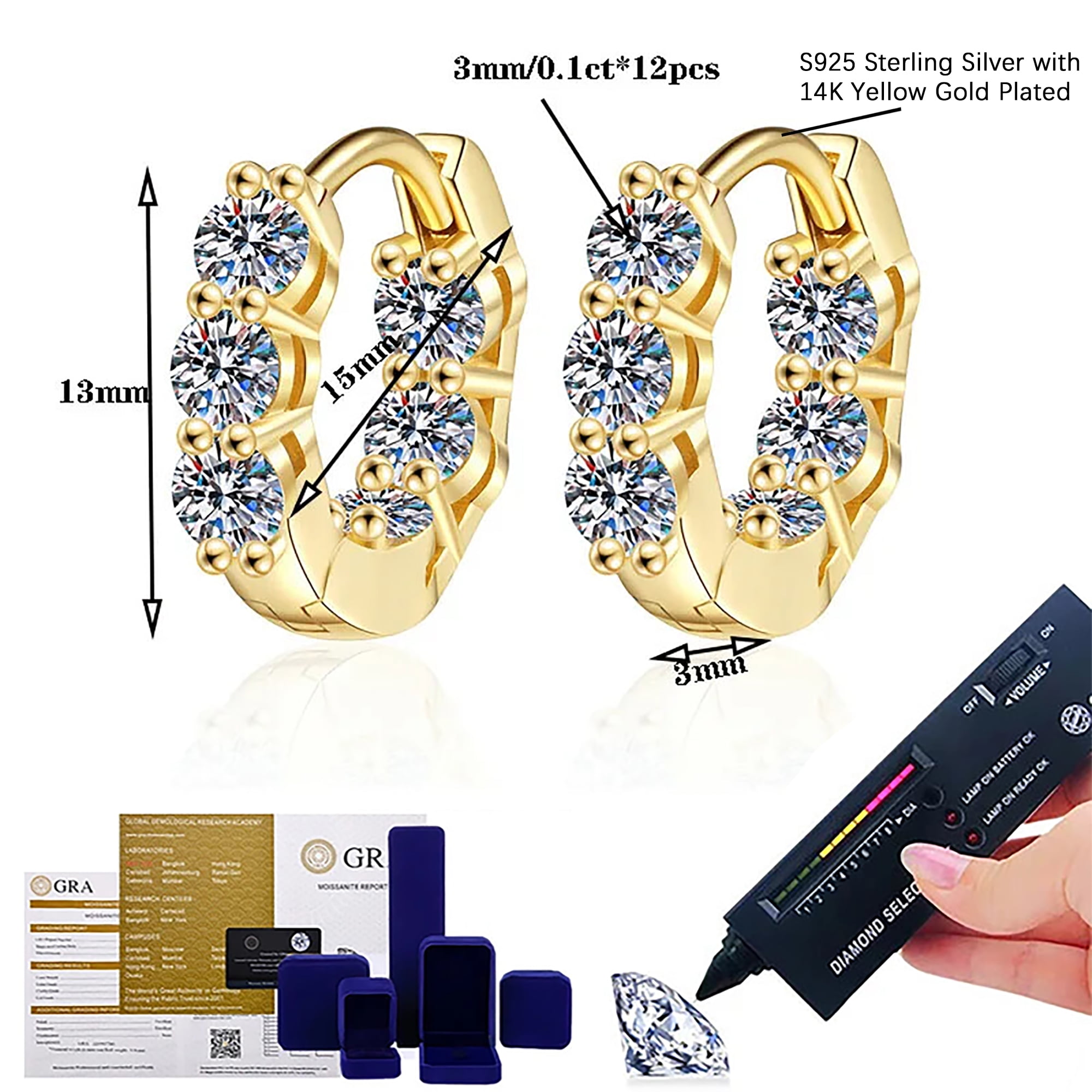 1.2ct Full Moissanite Hoop Earrings for Women, D Color Moissanite Simulated Diamond, 925 Sterling Silver with 14K Yellow Gold Plated, Hypoallergenic, Jewelry Box Packed, Wedding Jewelry Gifts