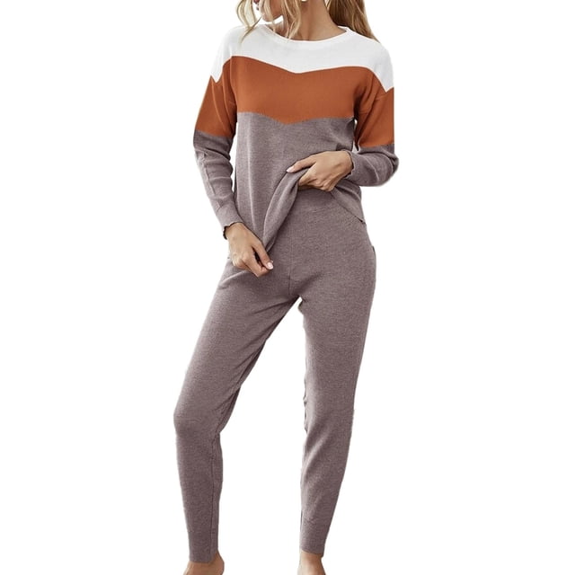 Pantalones de cuello redondo ANGGREK ropa de descanso Sin arrugas 2 piezas Pijama de Manga larga Lavable a máquina color de Contraste