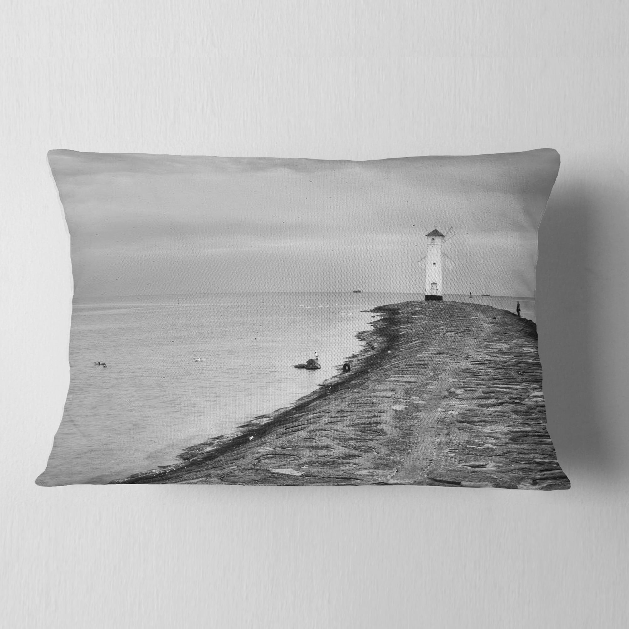 Designart Lighthouse Windmill Stawa Mlyny in Grey - Seascape Throw Pillow - 12x20