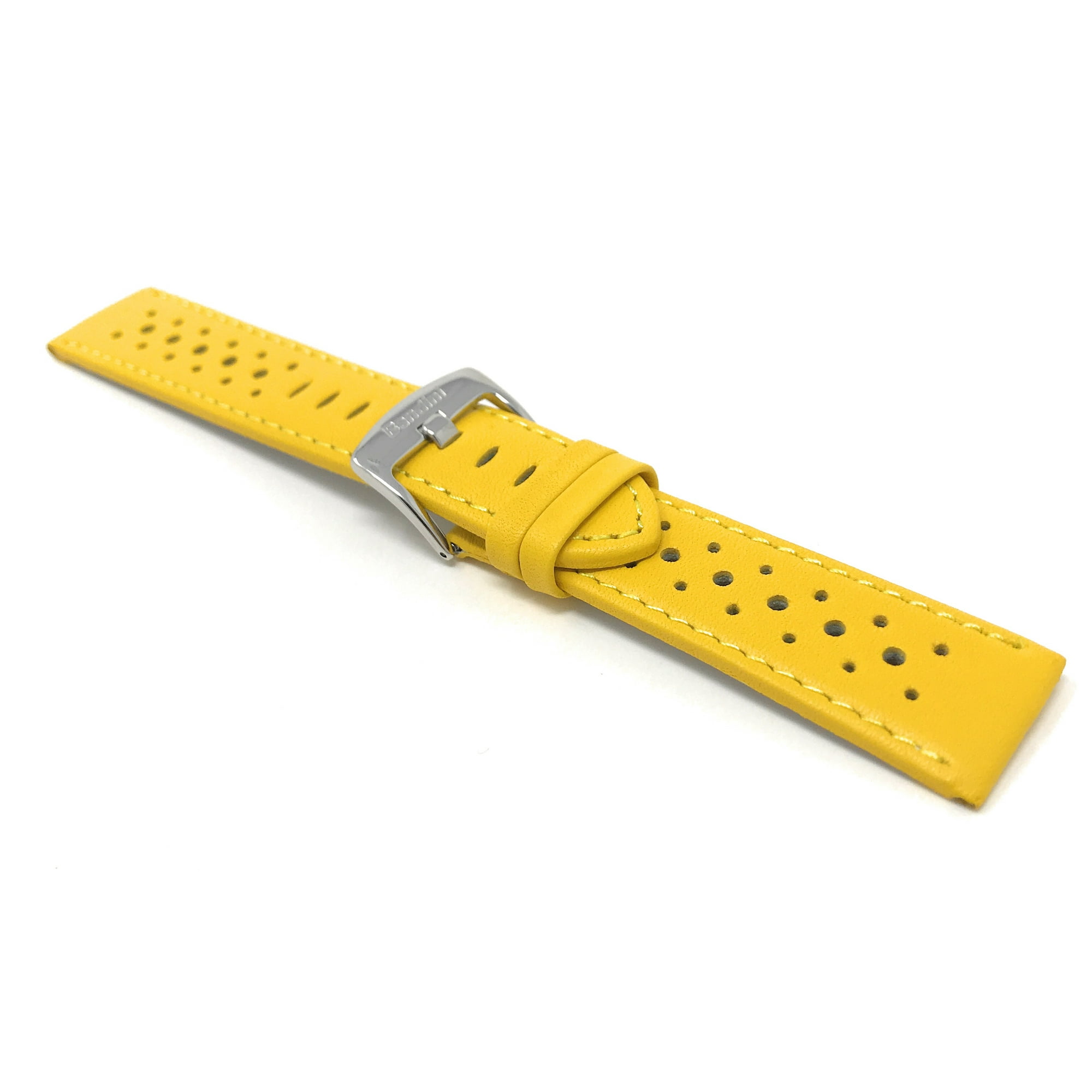 Bandini 22mm Gt Rally Perforrated Vented Racer Leather Watch Strap Band Stainless Steel Buckle Yellow 22mm