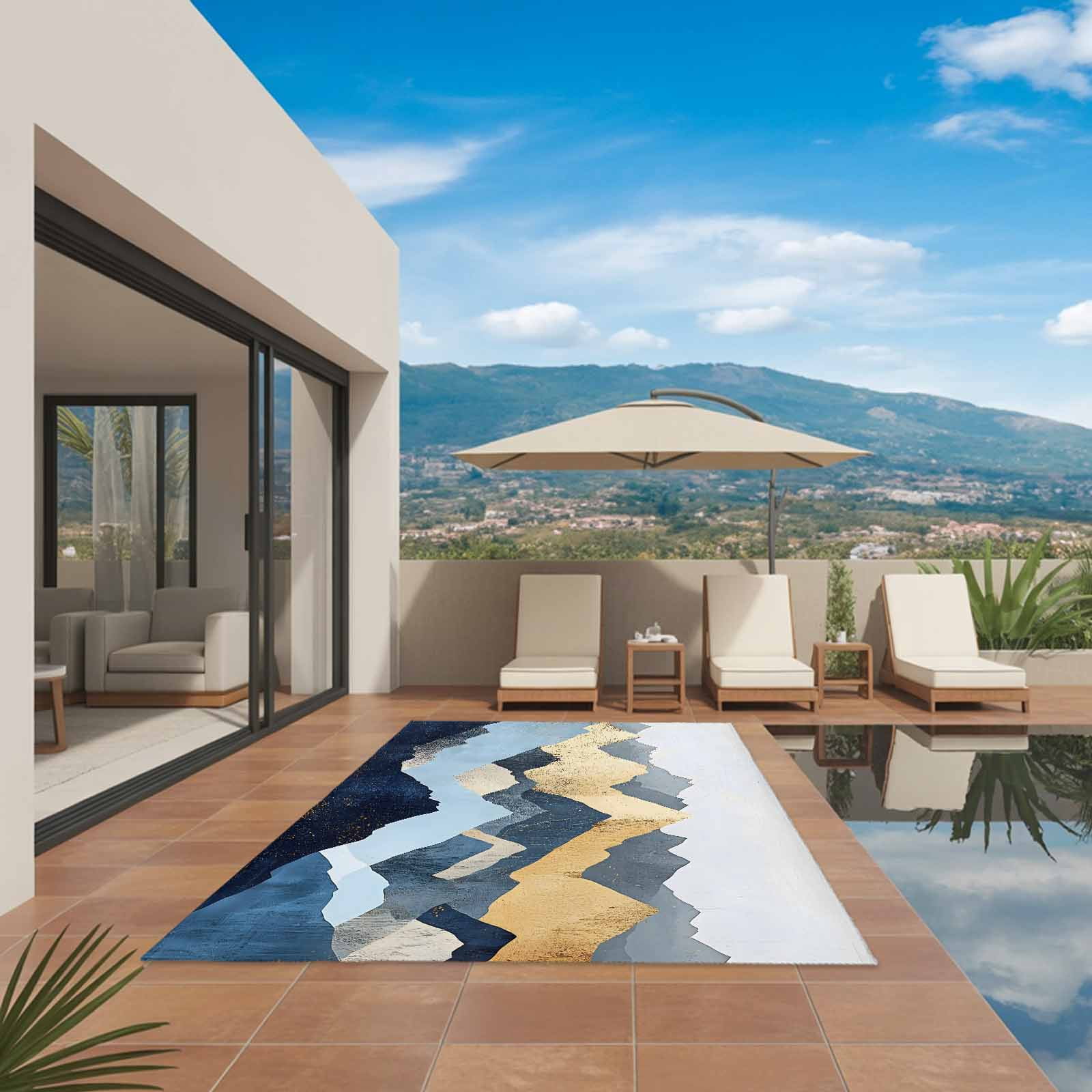 Outdoor Rug 5x8ft Abstract Ombre Blue Golden Mountain Large Area Rug Modern Art Indoor Outdoor Carpet Outdoor Rugs Mats for Patio Camping,RV,Front Door, Outside Decor