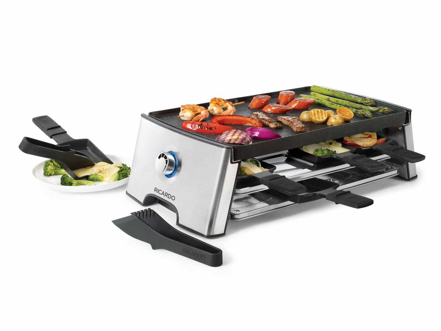 RICARDO Non-Stick Reversible Electric Raclette Set, 18 Pieces, 8 Persons, The Rock Cooking Surface, LED Temp Control, Easy Clean, 1500 Watts