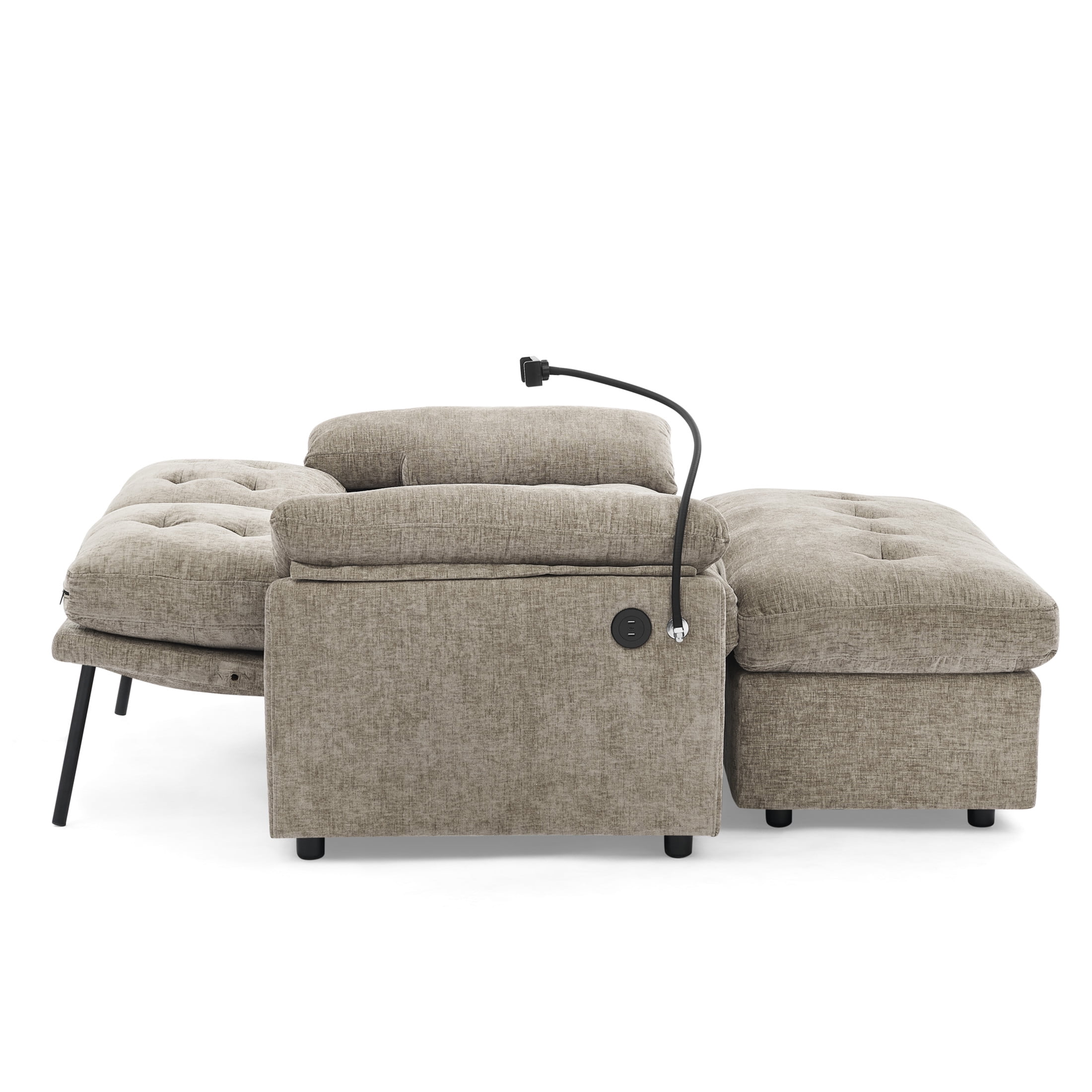 Noble House Wesley Double Sofa Recliner, Adjustable Chenille Fabric Chair with Charging Port and Storage Ottoman, Brown