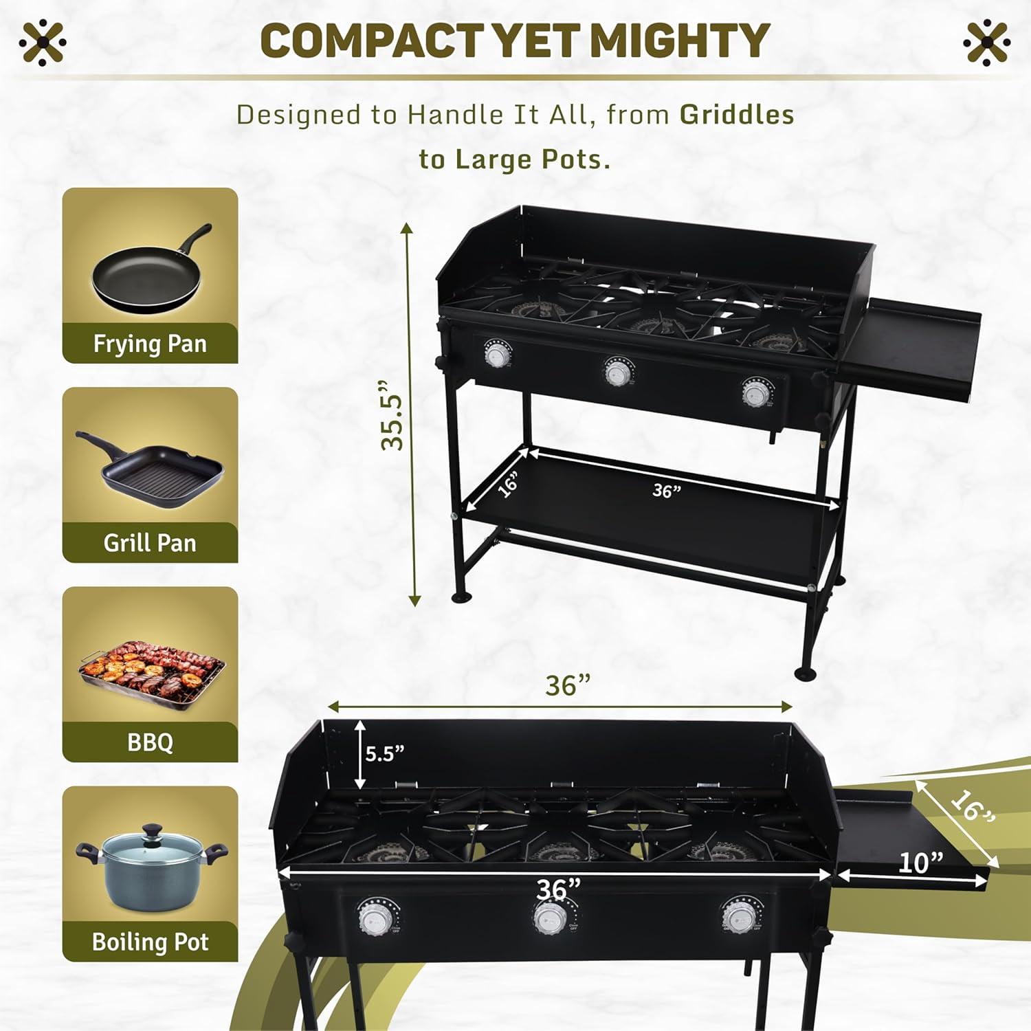 SONRET - Three Burner Propane Camping Stove - with Side & Bottom Shelf and Wind Panel
