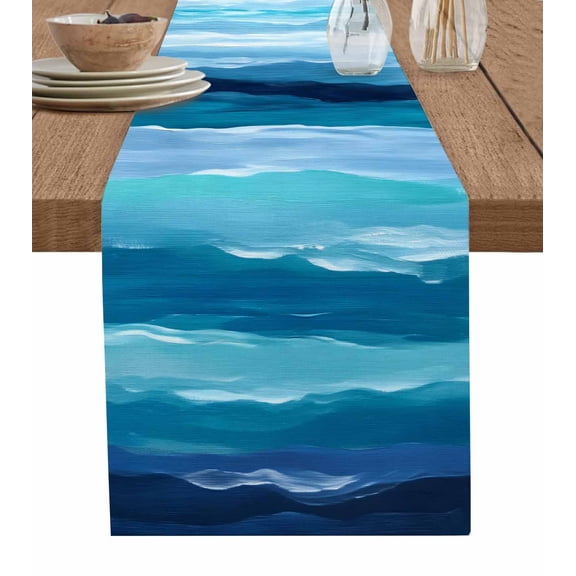 Blue Ocean Table Runner Cotton Linen 108 Inch Holiday Dresser Scarves, Beach Blue Green Stripes Waves Watercolor Tablerunner for Kitchen Coffee Dining Bedroom Dinner Scarf Décor 13''x108''