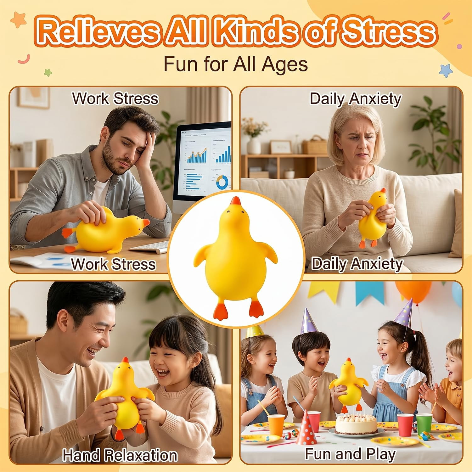 15" Giant Duck Squishy, Jumbo TPR Pinch Toys, Cute Butter Stress Balls, Slow Rebound Ultra-Soft, Oversized Anxiety Relief Fidget Squishy Toys for Adults, Kindergarten Birthday Christmas