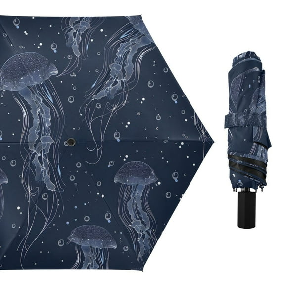 Jellyfish in Sea Compact Sun Umbrella Windproof Travel Umbrellas for Rain Strong Portable UV Protection