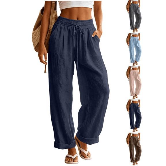 Liuinsasek Women's Cotton-Linen Pants Fashion Casual Solid High Waist Pocket Ladies Long Pants Lightweight Flowing Drawstring Elastic Waist Loose Pants Vacation Travel Resort Wear