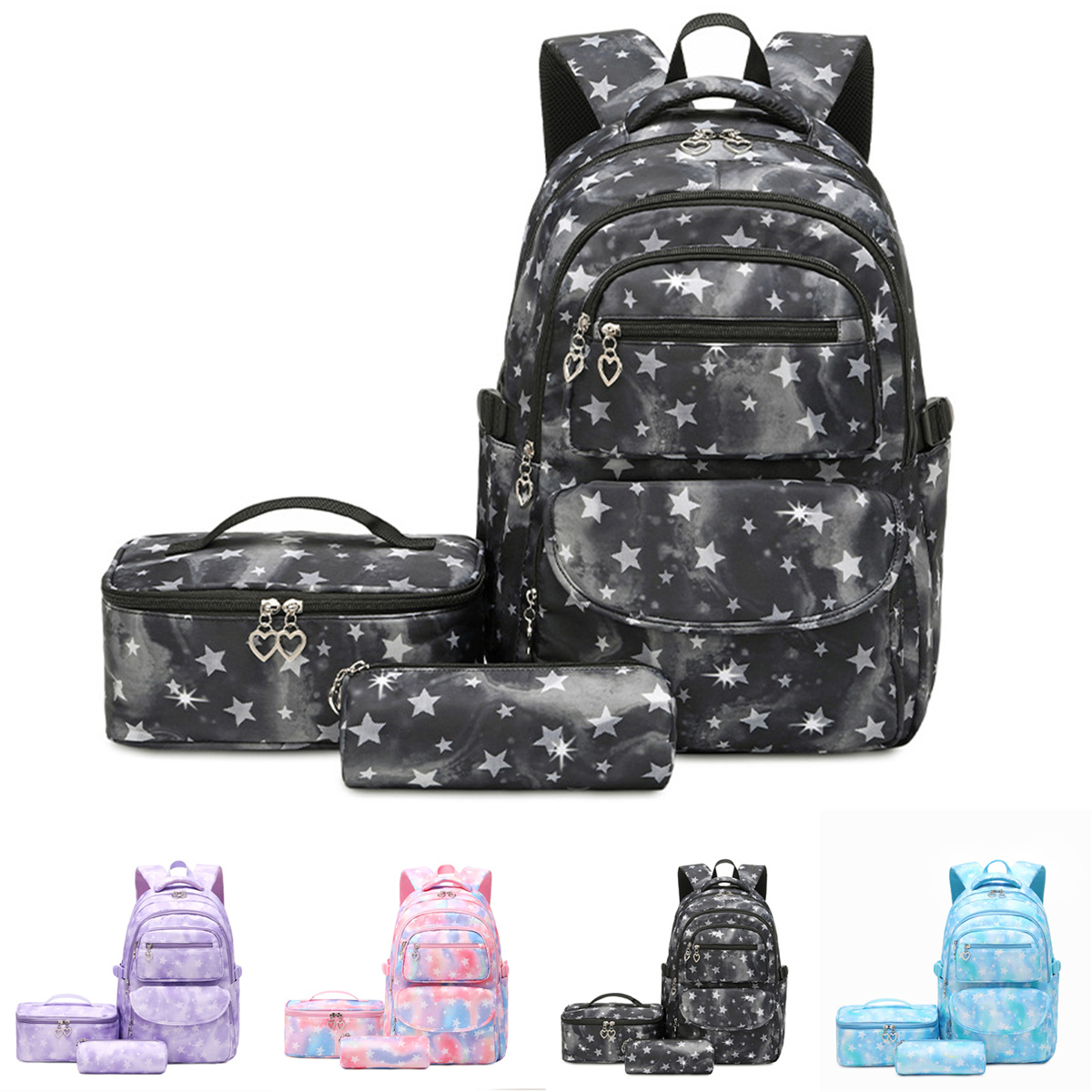 Large Capacity School Bag Colorful Printing School Backpack Lunch Bag Coin Purse Bagpack Set