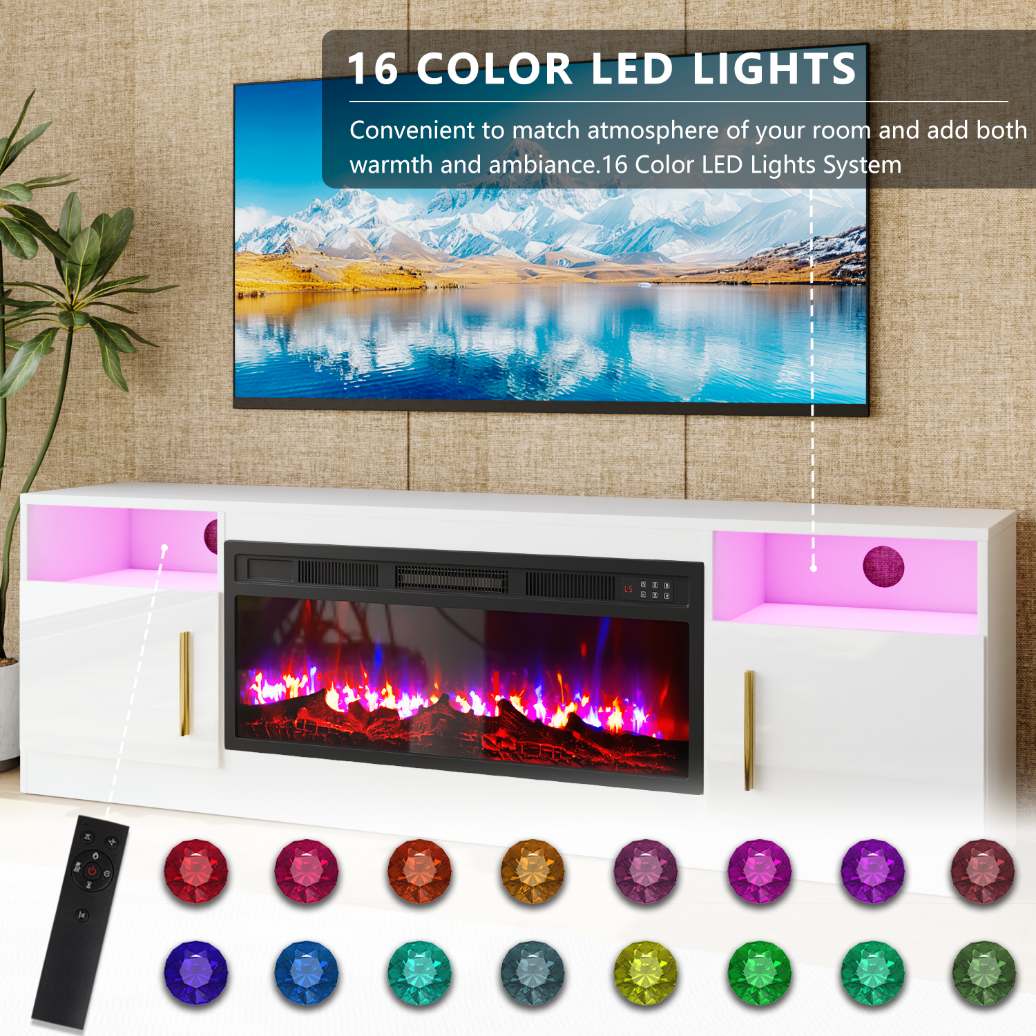 BOSSIN Fireplace TV Stand with 36 inch Fireplace Up to 80" TVs,LED Light Entertainment Center with Highlight Storage Cabinet for living room