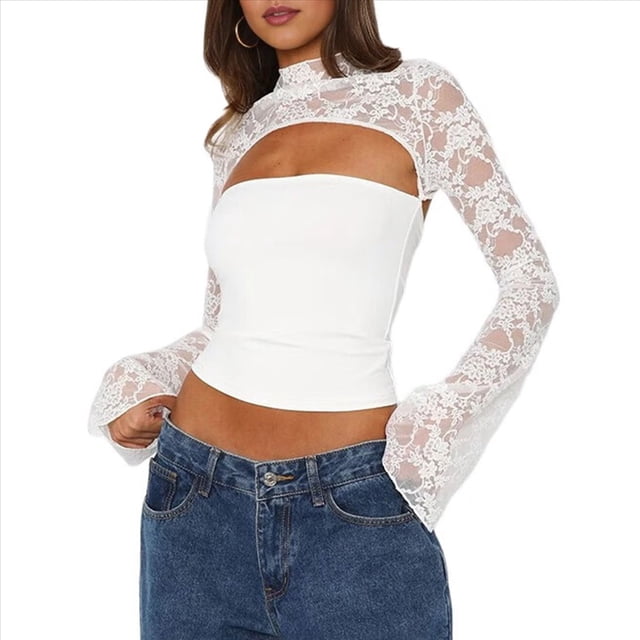 Top Corto de Encaje Transparente con Retazos para Mujer, Estilo Y2K, Cuello Alto, Larga Acampanada, Corte Entallado, para Salir A Discotecas y Clubes Nocturnos. L