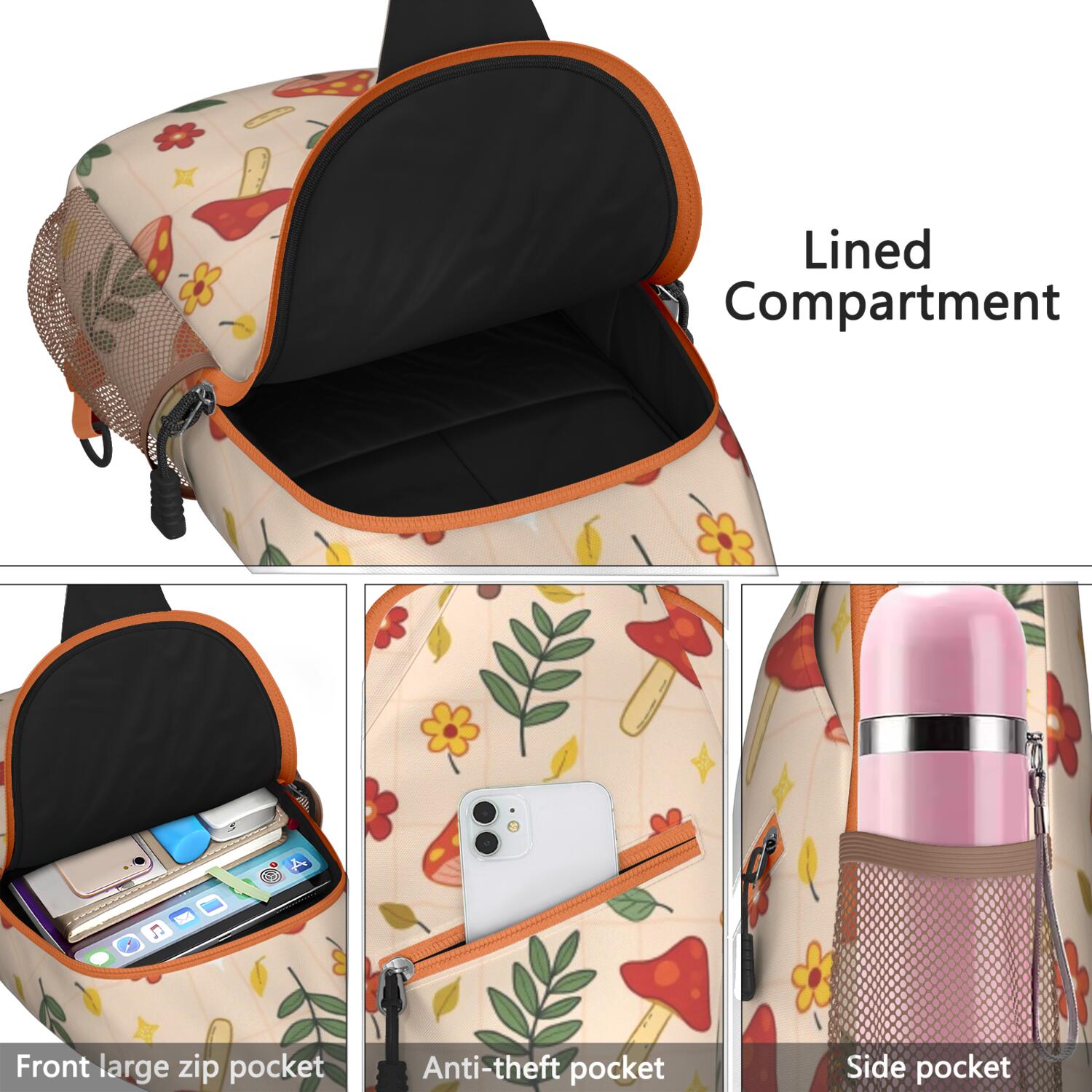 Travel Sling Bag Mushroom Hiking Sling Backpack Casual Bag for Men Women